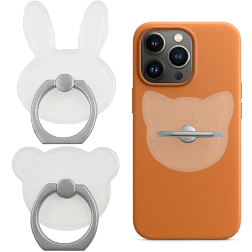 3Pcs Adhesive Clear Phone Strap Grip Finger Holder for Hand, Sticky Animal Cellphone Loops Handle for Back of iPhone Case Accessories, Thin Smartphone Grips - Rabbit, Cat, Bear