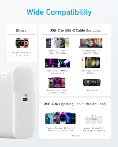 Anker Laptop Charger, Compact Foldable 100W USB C Charger with 5FT Cable - color: Arctic White