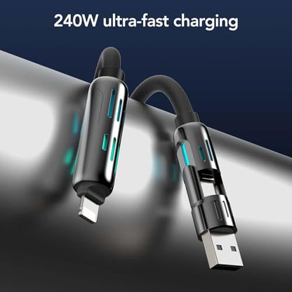 MFish 240W 4-in-1 Fast Charging Cable, Black, 3.3FT - color: Black, size: 3.3FT