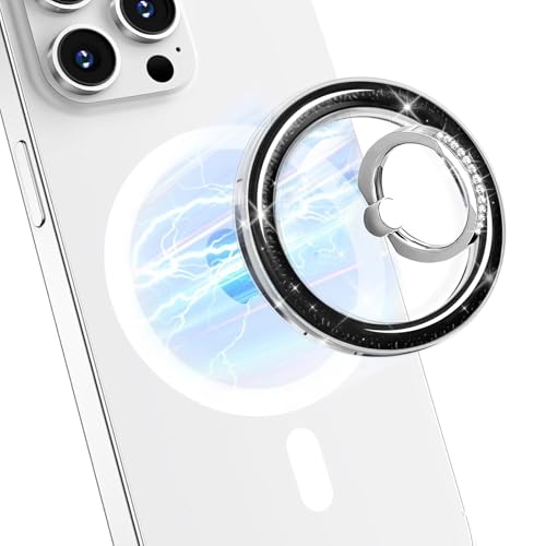 Transparent Shiny Magnetic Phone Ring Holder,360° Rotatable Removable Phone Grip,Clear Black Sparkle Diamond Stylish Design Compatible with All Phones & Tablets - color: Clear Black