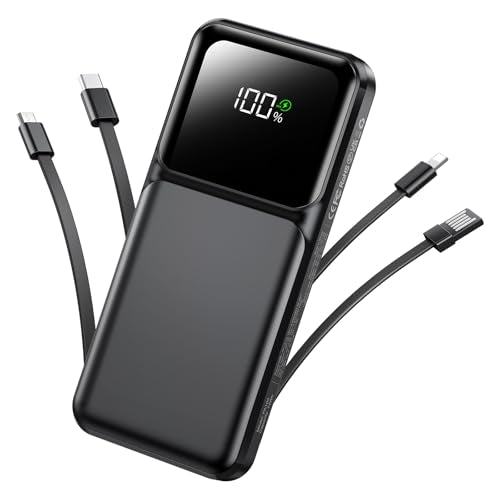 RONEGN Portable Charger with Built in Cable - Power Bank Fast Charging USB C LED Display 10000mah Battery Pack 5 Outputs & 3 Inputs for Travel Essentials iPhone Samsung Android Phones Tablets Black - color: Black