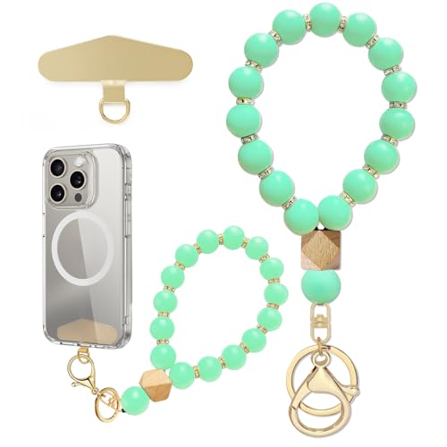 Silicone Beaded Phone Wrist Strap, Phone Bracelet Strap with Tether Tab Elastic Hands Free Wristlet Strap - color: Light Green