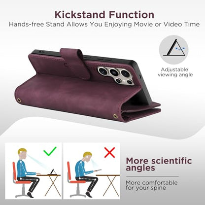 for Samsung Galaxy S24-Ultra-Wallet Case: with RFID Blocking Card Slots (6 Cards) | Soft PU Leather Magnetic Snap Zipper Pocket | Crossbody Wrist Strap Protective Phone Cover - Claret - color: Claret, size: Galaxy S24 Ultra（6.8‘’）