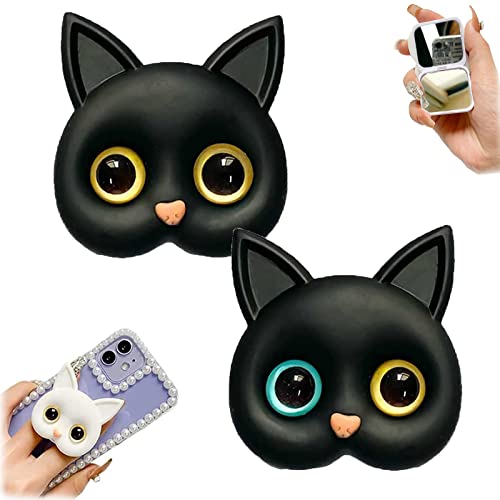 2/4Pack 3D Cute Kitten Phone Holder with Mini Mirror,Phone Grip with Small Makeup Mirror,Cute Cat Phone Folding Bracket,3D Cute Cat Cellphone Foldable Finger Grip Holder for All Smartphones (2Pcs-C) - color: 2Pcs-C