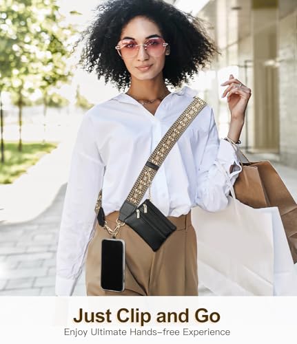 TiMOVO Clip and Go Phone Strap Crossbody with Leather Wallet, Adjustable Anti-Theft Lanyard with Pouch for Most Phone Case - color: Black & Brown