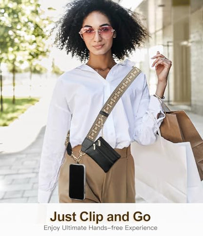 TiMOVO Clip and Go Phone Strap Crossbody with Leather Wallet, Adjustable Anti-Theft Lanyard with Pouch for Most Phone Case - color: Black & Brown