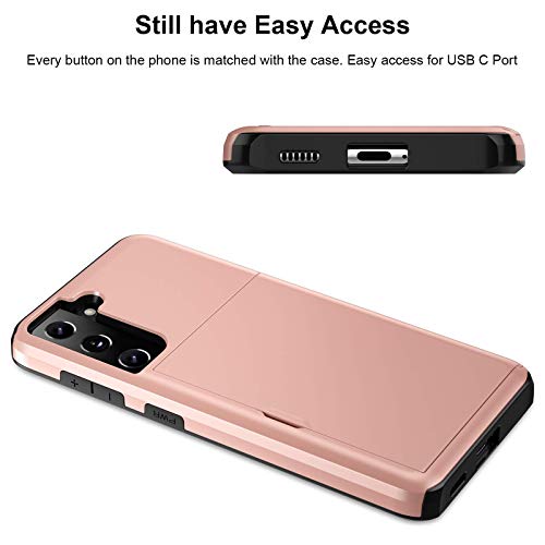 Jiunai for Samsung Galaxy S21 Case Wallet Credit Card Cash Holder Rose Gold | Slide Cover Dual Layer Hybrid Protective Hard PC Soft TPU Rubber Cover Phone Case for Samsung Galaxy S21 5G 6.2'' Women Men - color: Rose Gold