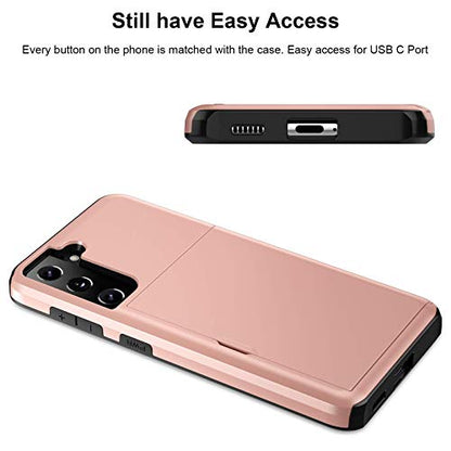 Jiunai for Samsung Galaxy S21 Case Wallet Credit Card Cash Holder Rose Gold | Slide Cover Dual Layer Hybrid Protective Hard PC Soft TPU Rubber Cover Phone Case for Samsung Galaxy S21 5G 6.2'' Women Men - color: Rose Gold