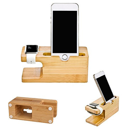 Bamboo Wood Desktop Charging Dock Station Charger Holder Cradle Charge Stand Compatible with iPhone 16 15 14 13 12 11 Pro Max XR XS Max X 8 Plus iWatch 2 3 4 Samsung LG HTC Smartphones - color: 2 in 1 Charger Stand