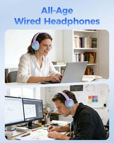 USB C & 3.5mm 2 in 1 Wired Headphones, Stereo Over Ear Headphones - color: Purple-Green