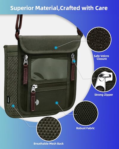WALNEW Passport Holder Neck Pouch Travel Wallet for Women and Men, RFID Blocking Security Slim Traveling Wallet with Around Neck Lanyard Strap, Army Green - color: Army Green