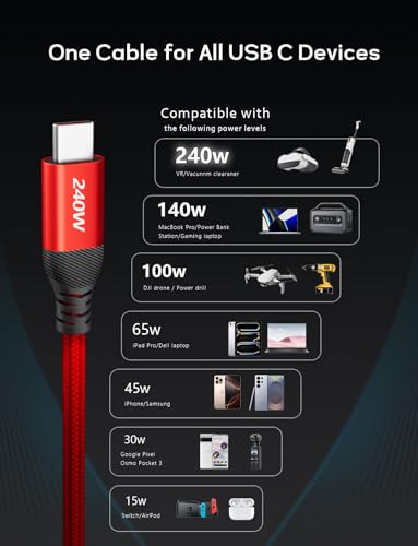 240W USB C to USB C Cable 10FT 2-Pack,USBC to USBC Cable Braided Super Fast - color: Red, size: 10ft