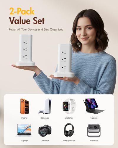 12AC 3USB Power Strip Tower Surge Protector 1800J, 10ft, White, 1 - color: White, size: 10ft