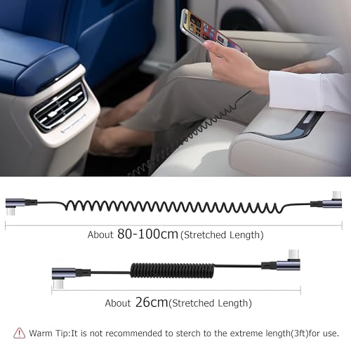 YACSEJAO 90 Degree Coiled USB C to USB C Cable 65W 1M/3.2FT, Side Angle - style: Side Angle