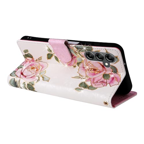 UEEBAI Wallet Case for Samsung Galaxy A15 4G/5G, PU Leather Phone Case Kickstand RFID Blocking Flip Case Card Slots Wrist Strap Relief Engraved Pattern Magnetic Closure Folio Case - White Rose - color: White Rose, size: Samsung Galaxy A15 4G/5G