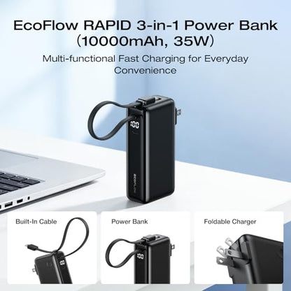EF ECOFLOW Rapid 3-in-1 Portable Charger, 10,000mAh Power Bank with Built-in USB-C Cable and Foldable Wall Plug, 30W Max Battery Pack, Travel Essentials for iPhone 17/16/15 Series, Galaxy, MacBook