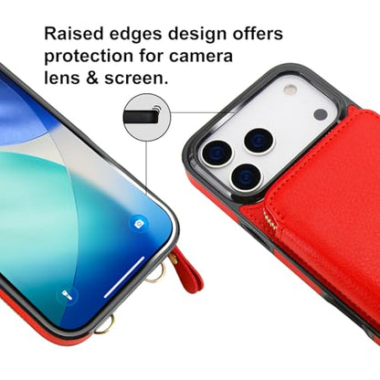 Bocasal Multi-Slot Crossbody Wallet Case for iPhone 17 Pro Max, Red | RFID Blocking PU Leather Purse Case with Card Holder, Handbag Flip Cover with Zipper Wrist Strap Lanyard for Women 6.9 Inch - color: Red
