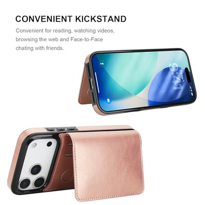 KIHUWEY Compatible with iPhone 17 Pro Max Wallet Case Credit Card Holder, Premium Leather Kickstand Flip Hidden Magnetic Clasp Durable Shockproof Protective Cover for 6.9 inch (Rose Gold) - color: Rose Gold