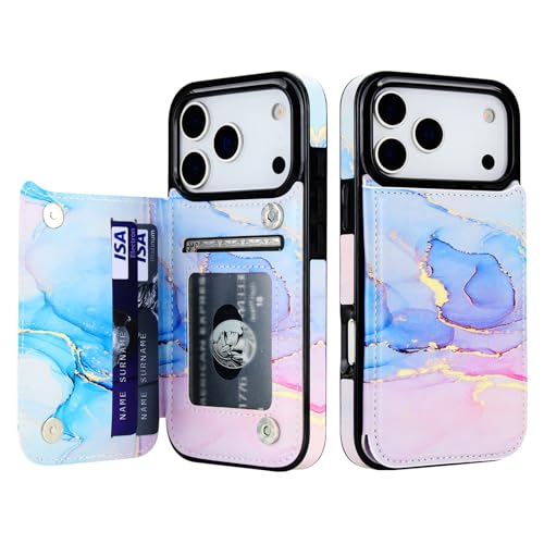 HAOPINSH Wallet Case with Card Holder for iPhone 17 Pro, Pink Blue Marble Pattern Back Flip Folio PU Leather Kickstand Card Slots Case, Double Magnetic Clasp Shockproof Cover 6.3" - color: Pink Blue Marble