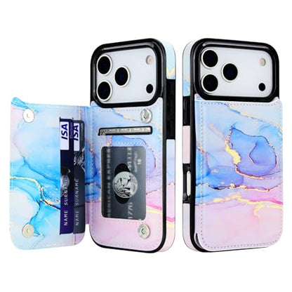 HAOPINSH Wallet Case with Card Holder for iPhone 17 Pro, Pink Blue Marble Pattern Back Flip Folio PU Leather Kickstand Card Slots Case, Double Magnetic Clasp Shockproof Cover 6.3" - color: Pink Blue Marble