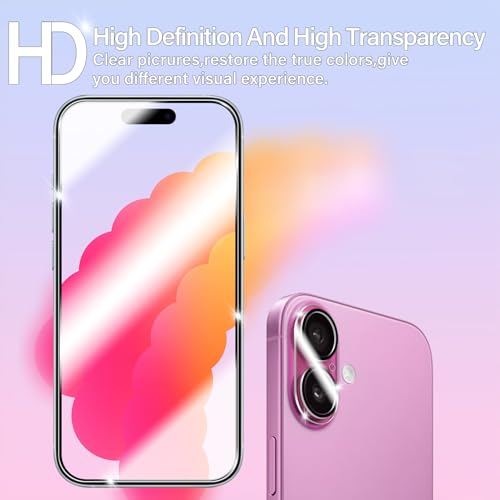 BIGFACE for iPhone 16 Plus Screen Protector + Camera Lens Protectors, [2 + 2 Pack] Premium HD Tempered Glass, Anti-Bubble 3D Curved Accuracy Film For iPhone 16 Plus(6.7 Inch) - size: iPhone 16 Plus(6.7")
