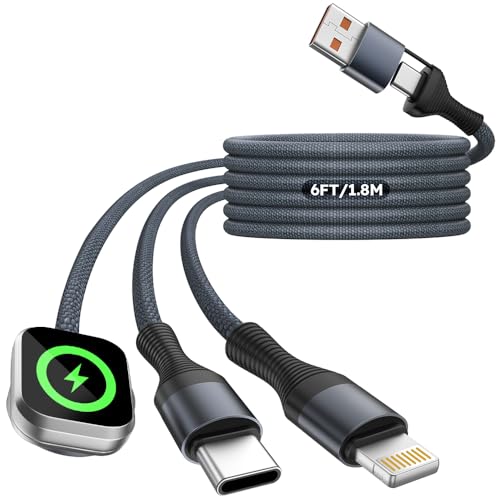 Travel Essentials 3in2 Multi Charging Cable for iPhone Watch Charger,6FT - color: Gray&Black, size: AC to C+L+iWatch