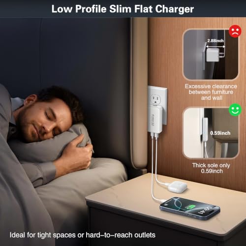 Urtra Thin Flat 60W USB C Charger, 3-Port Slim Fast Phone Charging Blocks - color: 2-Pack White