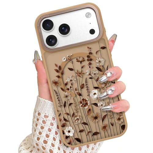 Magnetic Case for iPhone 17 Pro, Brown Floral Sprigs | Compatible with MagSafe, Frosted Shockproof Cover, Cute Flower Design, Slim Phone Case for Women Girls - color: Brown Floral Sprigs, size: iPhone 17 Pro