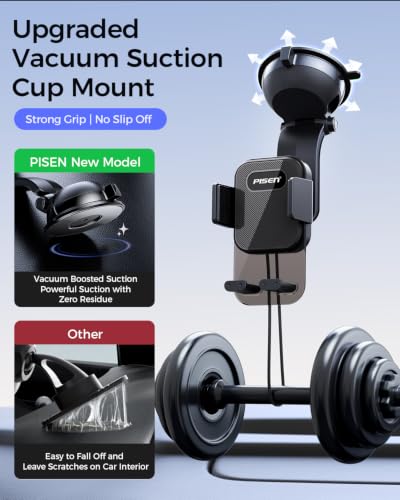 PISEN Dashboard Car Phone Mount - One Press Lock Dash Phone Holder for Car, 360° Rotating One-Button Release Dash Car Phone Holder, Strong Suction Dashboard Car Phone Mount for Most Smartphone (Black)