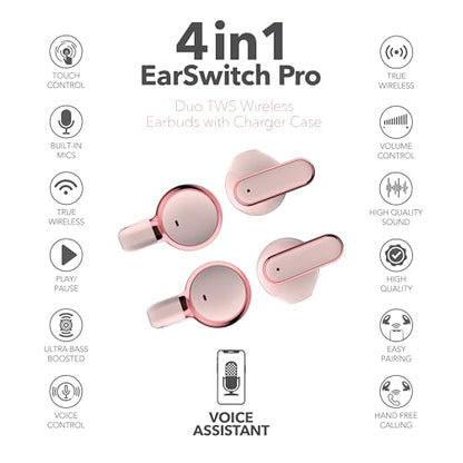 RCA EarSwitch Pro 4-in-1 Duo TWS Wireless Earbuds, Bluetooth 5.4 Open-Ear & in-Ear Dual Buds with LED Charging Case, Touch Control, Built-in Mic, 6H Playtime for Sport & Office (Pink) - color: Pink