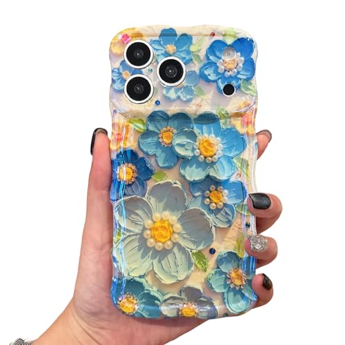 EYZUTAK Case for iPhone 11, Colorful Retro Oil Painting Print Flower, Blue | Laser Glossy Floral Pattern, Cute Curly Wave Edge, Exquisite Phone Cover, Stylish Durable TPU Protective Case for Girl Women - color: Blue, size: iPhone 11