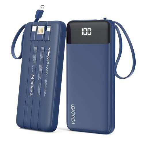 Portable Charger Built-in Cables,10000mAh Fast Charge Power Bank for iPhone - color: Navy