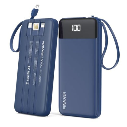 Portable Charger Built-in Cables,10000mAh Fast Charge Power Bank for iPhone - color: Navy