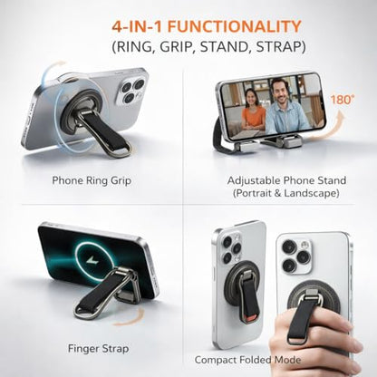 Mizi [2025 Upgraded] Magnetic Phone Holder with 360° Rotating Stand – 4-in-1 Grip Strap Compatible with iPhone 12–16, Samsung, Pixel – Strong Magnet, Kickstand, Wireless Charging – Black