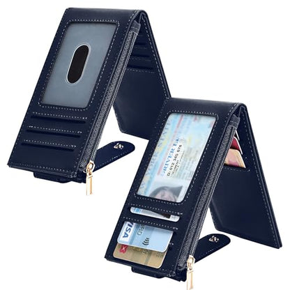 Chelmon Women's RFID Slim Card Holder Wallet | Thin Bifold Multi Card Case with Zipper Coin Pocket Purse for Women(Navy Blue) - color: Navy Blue