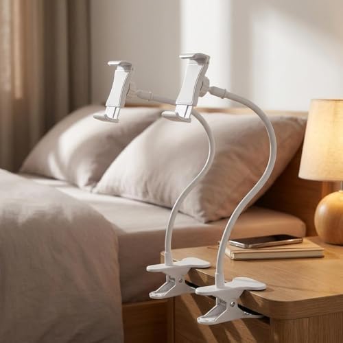 2 Pcs White Flexible Gooseneck Phone Holder with Clamp – Bendable Overhead Cell Phone Mount Stand for Desk, Bed, Compatible with iPad and Smartphones