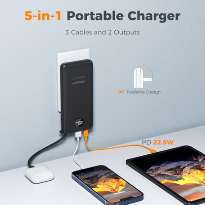 TESSAN Portable Charger with Built in Cables, 10000mAh Power Bank Wall Plug - color: Black