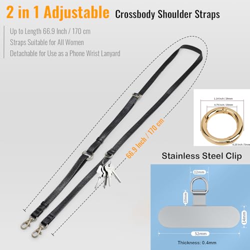 Clip and Go Phone Strap Crossbody Wrist 2 in 1 Leather Lanyard with Tether Hanging Loops Adjustable Anti-Theft Purse Replacement Handbag Long Thin Shoulder Neck Straps for All Phones Keys Bags Black - color: Black