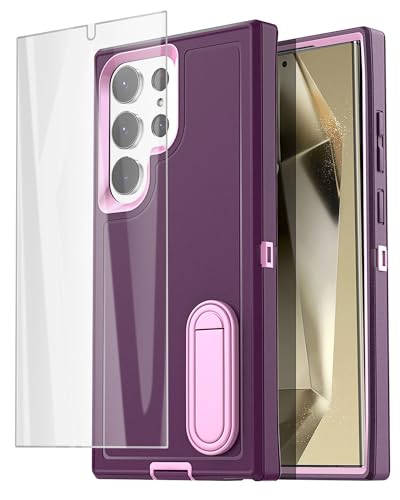 AICase for Samsung Galaxy S24 Ultra Case Built-in Stand with Glass Screen Protector,Heavy Duty Drop Protection Full Body Rugged Shockproof Military Protective Tough Durable Cover for S24 Ultra 5G_3 - color: Burgundy/Light Coral+Glass Protector, size: Gala