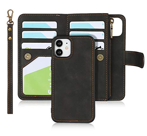 iCoverCase for iPhone 12 Mini Wallet Case with Card Holder and Wrist Strap, PU Leather Kickstand Card Slots Zipper Pocket Magnetic [Detachable] Flip Cover Case 5.4 Inch (Black) - color: Black