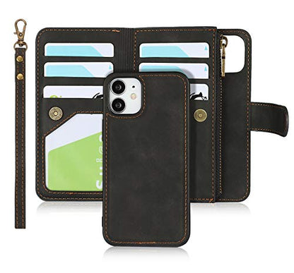 iCoverCase for iPhone 12 Mini Wallet Case with Card Holder and Wrist Strap, PU Leather Kickstand Card Slots Zipper Pocket Magnetic [Detachable] Flip Cover Case 5.4 Inch (Black) - color: Black