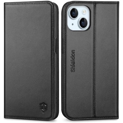 SHIELDON Genuine Leather Folio Wallet Case for iPhone 15 6.1" 2023, Black | Magnetic Closure, RFID Blocking, Credit Card Holder, Kickstand, Book Design, Soft Shockproof Phone Cover - color: Black