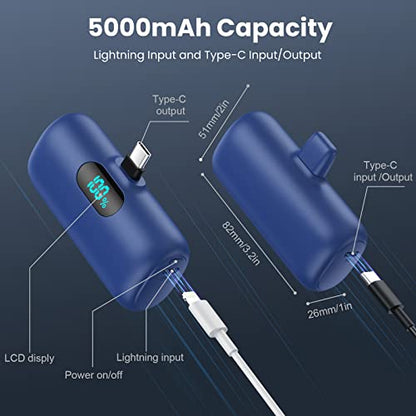 [2-Pack] Mini Portable Charger 5000mAh Power Bank,3A PD USB C Cell Phone Portable Power, LCD Display Battery Pack Compatible with iPhone 16/15/15 plus/15 pro/15 pro Max/Android/Samsung/Moto/LG etc - color: Blue+green