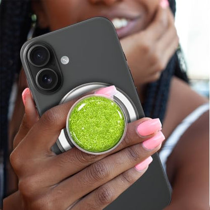 Magnetic Phone Grip Holder, Collapsible Expanding Stand with Clear Crystal Glitter Design, Universal Magnetic-Compatible for Phones & Tablets, Green Glitter