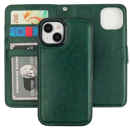 Bocasal Detachable Wallet Case Card Holder for iPhone 15, Green | RFID Blocking Kickstand Card Slots Holder PU Leather Magnetic Shockproof Wrist Strap Removable Flip Protective Cover 6.1 inch - color: Green