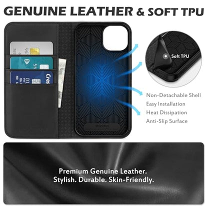 SHIELDON Genuine Leather Folio Wallet Case for iPhone 13 6.1" 2021, Black | Magnetic Closure, RFID Blocking, Credit Card Holder, Kickstand, Book Design, Shockproof Phone Cover - color: Black