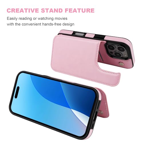 ONETOP for iPhone 16 Pro Wallet Case with Credit Card Holder,Pink | Kickstand,ID/Cash Holder,Case Wallet with Card Slots,Double Magnetic Clasp,Durable PU Leather Shockproof Cover for Women Men - color: Pink
