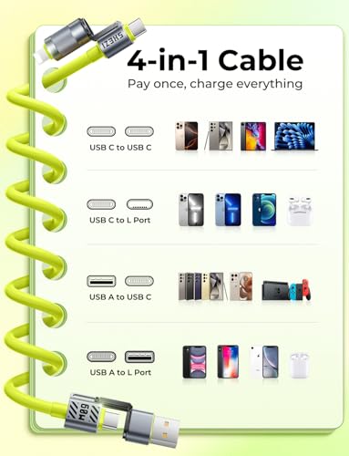4 in 1 Coiled USB C Cable for Car, 60W USBA/C to Lightning/USBC Cable Combo - color: Green, size: 60W, style: Coiled Cable
