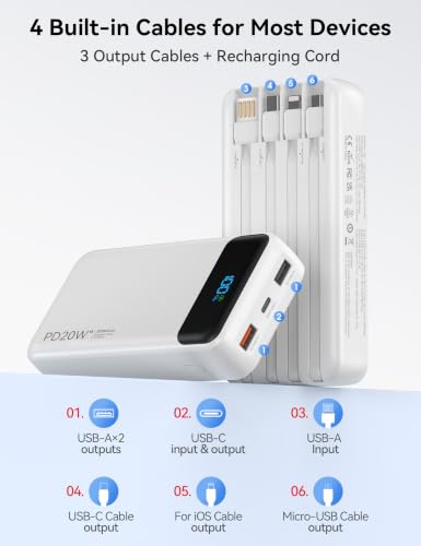 Nusyddy Portable Charger 20000mAh with 4 Built-in Cables & 6 Outputs White - color: Ivory