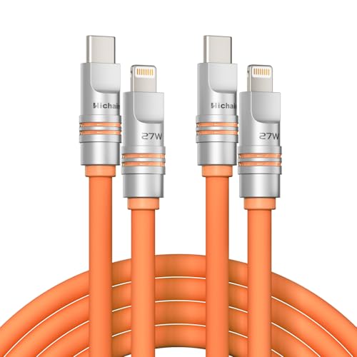 Hichain 2Pack Chubby Lightning Cable 27W Fast Charging USB C Cable Orange Lightning Cable for iPhone iPad 4FT+6.5FT Silicone USB C Cable Compatible with iPhone 14 13 12 11 X 8 Series - color: Orange, size: 4+6.5FT